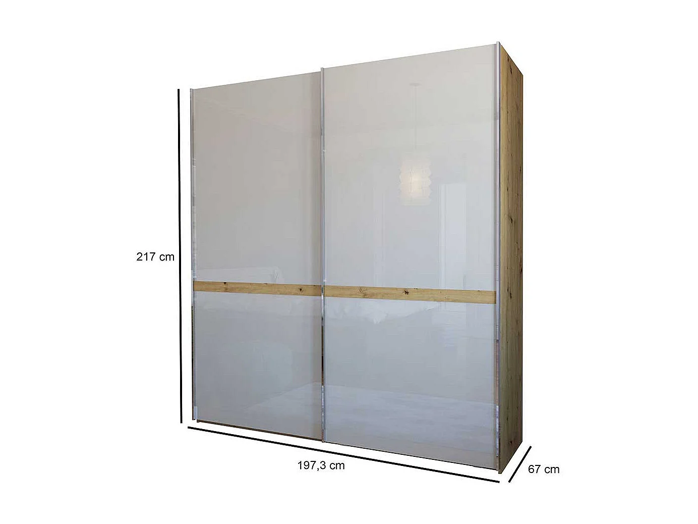 Schiebetürenschrank in Beige und Eiche Bianco Glas beschichtet