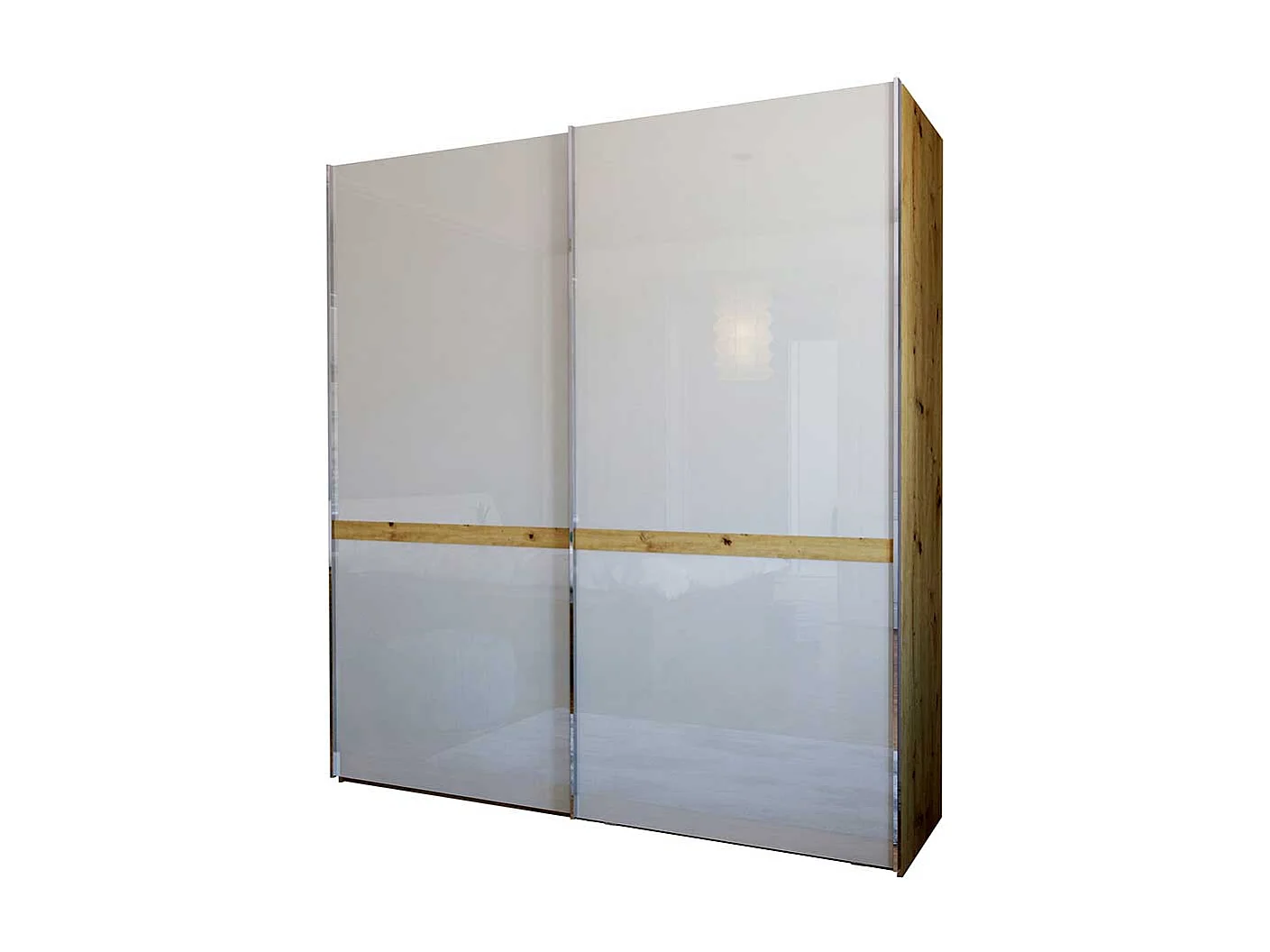 Schiebetürenschrank in Beige und Eiche Bianco Glas beschichtet