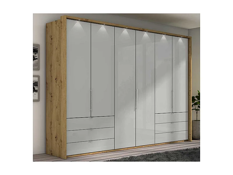 Panorama Kleiderschrank in Hellgrau und Eiche Bianco Falttüren