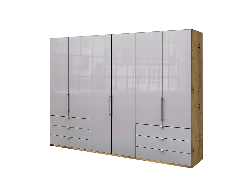 Panorama Kleiderschrank in Hellgrau und Eiche Bianco Falttüren
