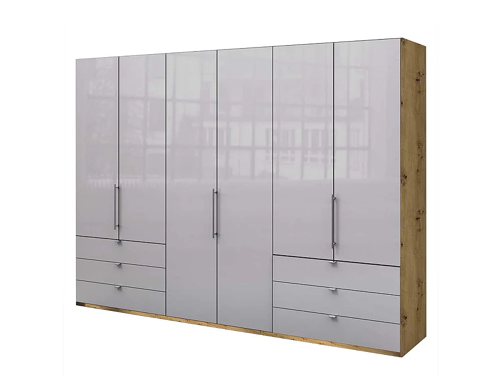 Panorama Kleiderschrank in Hellgrau und Eiche Bianco Falttüren