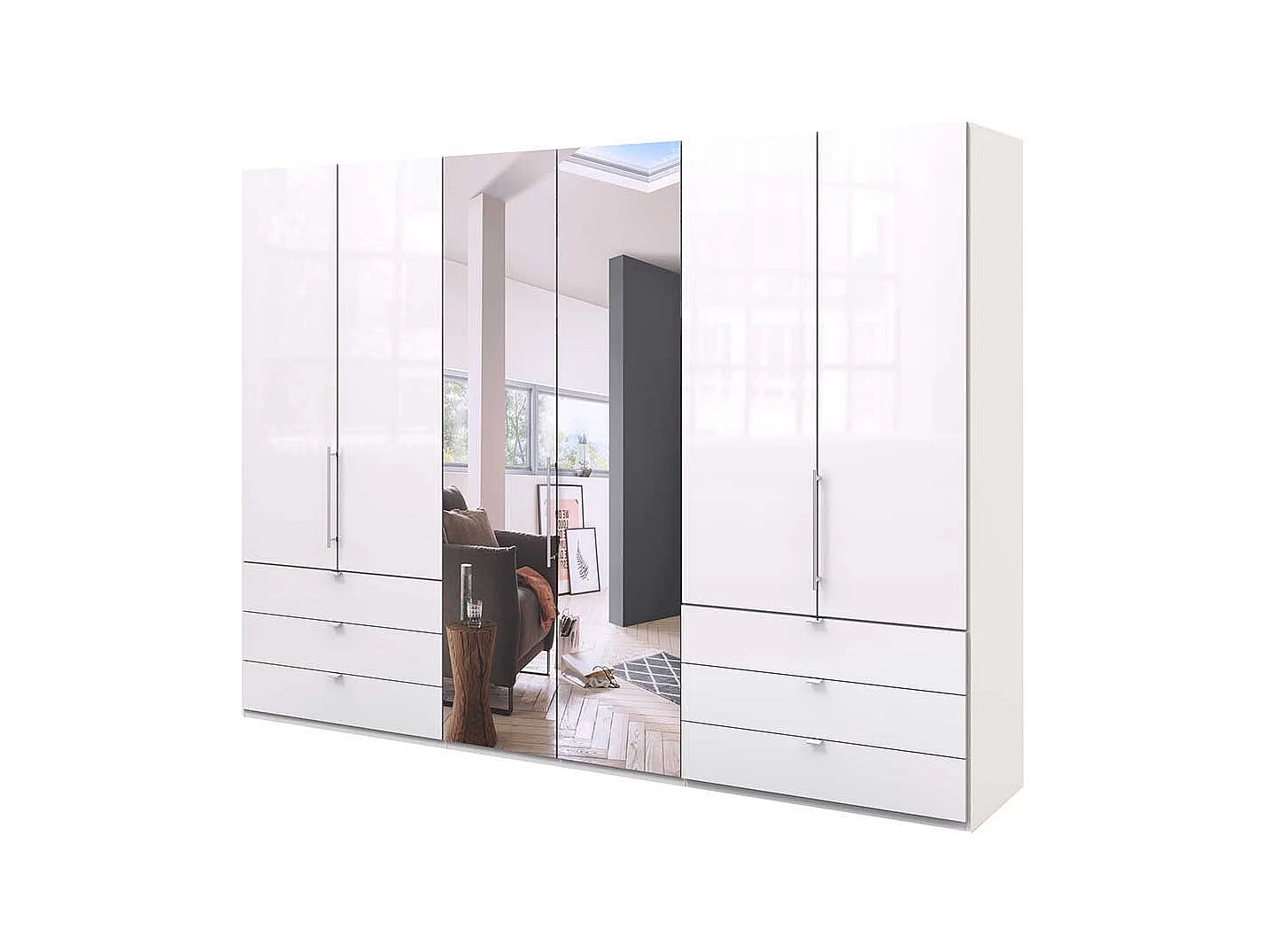 Panorama Kleiderschrank mit Falttüren und Schubladen Weiß