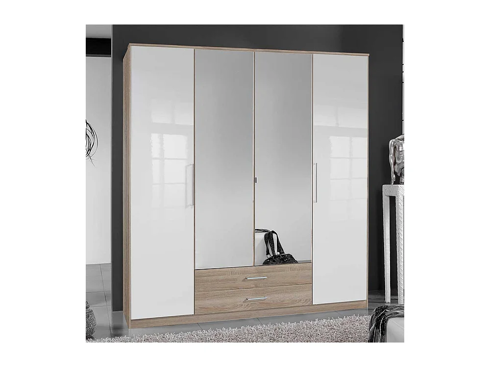 Drehtürschrank mit Spiegeln in Eiche Sägerau und Weiß Made in Germany