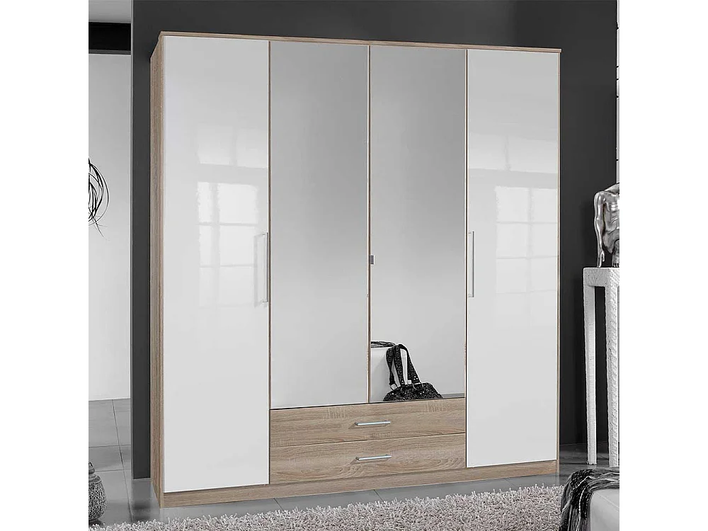 Drehtürschrank mit Spiegeln in Eiche Sägerau und Weiß Made in Germany