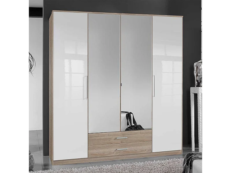 Drehtürschrank mit Spiegeln in Eiche Sägerau und Weiß Made in Germany