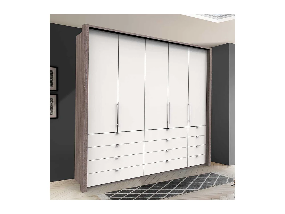 Geräumiger Schlafzimmerschrank in Weiß Eiche Trüffelfarben 3 türig mit Schubladen