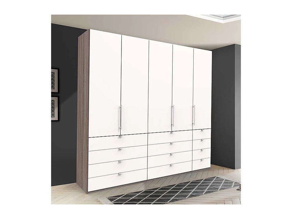 Geräumiger Schlafzimmerschrank in Weiß Eiche Trüffelfarben 3 türig mit Schubladen