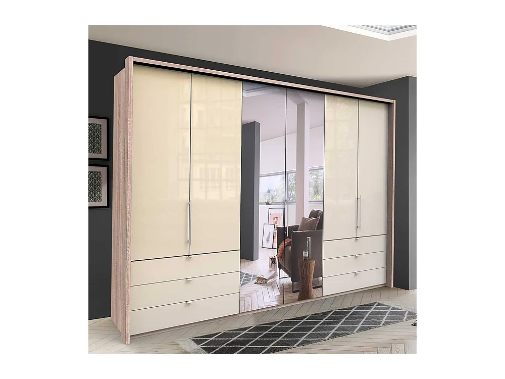 Panorama Kleiderschrank 3 türig Spiegel Schubladen glasbeschichtet