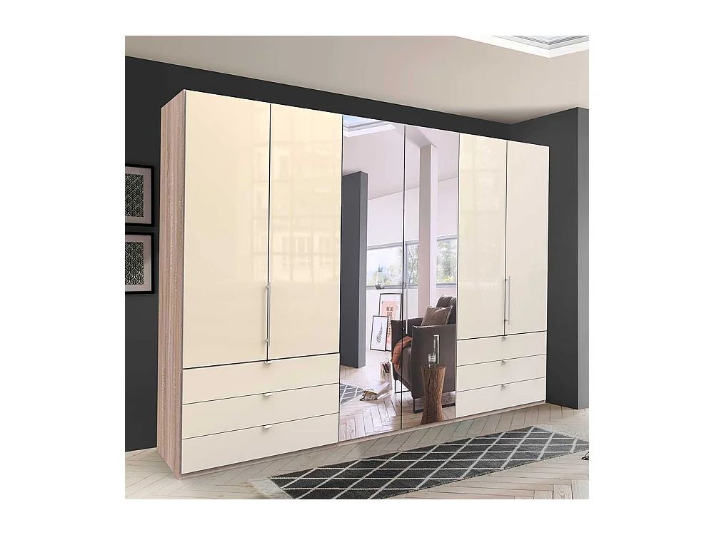 Panorama Kleiderschrank 3 türig Spiegel Schubladen glasbeschichtet