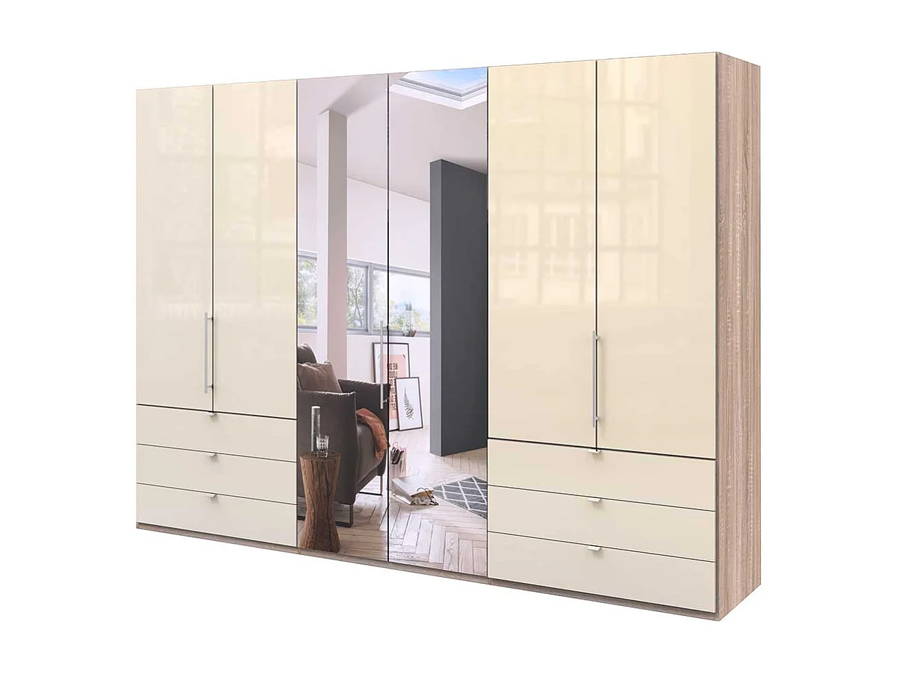 Panorama Kleiderschrank 3 türig Spiegel Schubladen glasbeschichtet