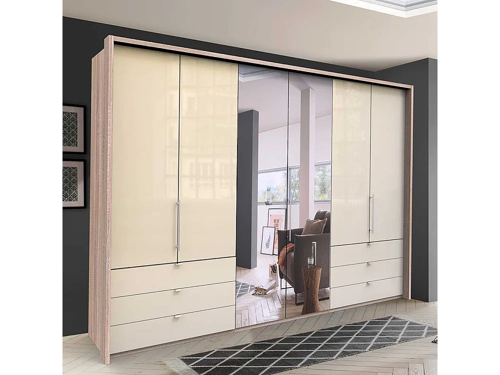 Panorama Kleiderschrank 3 türig Spiegel Schubladen glasbeschichtet