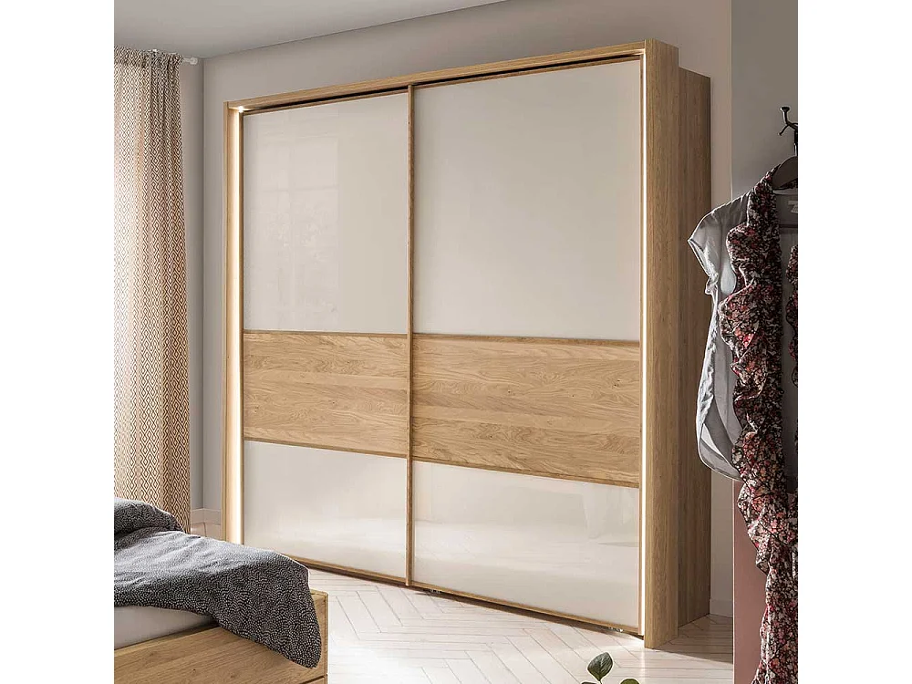 Schiebetüren Kleiderschrank in Beige Glas beschichtet Eiche Massivholz