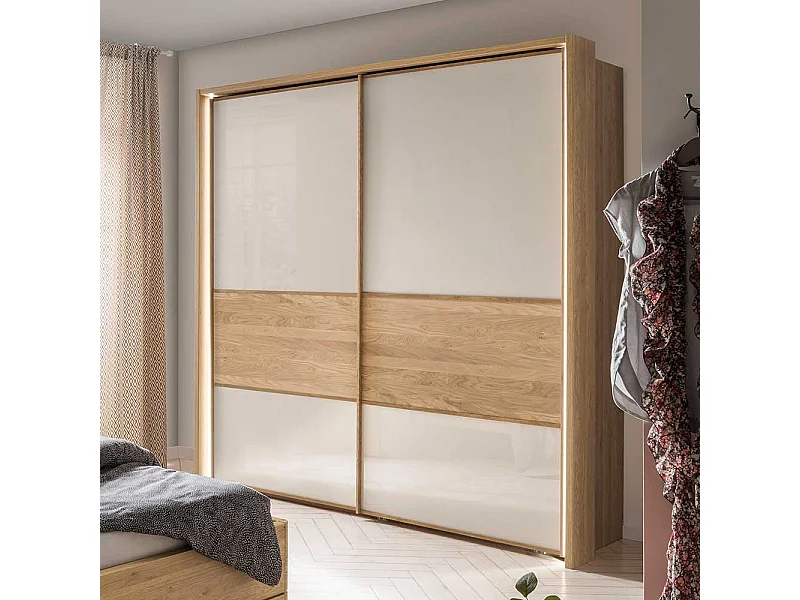 Schiebetüren Kleiderschrank in Beige Glas beschichtet Eiche Massivholz