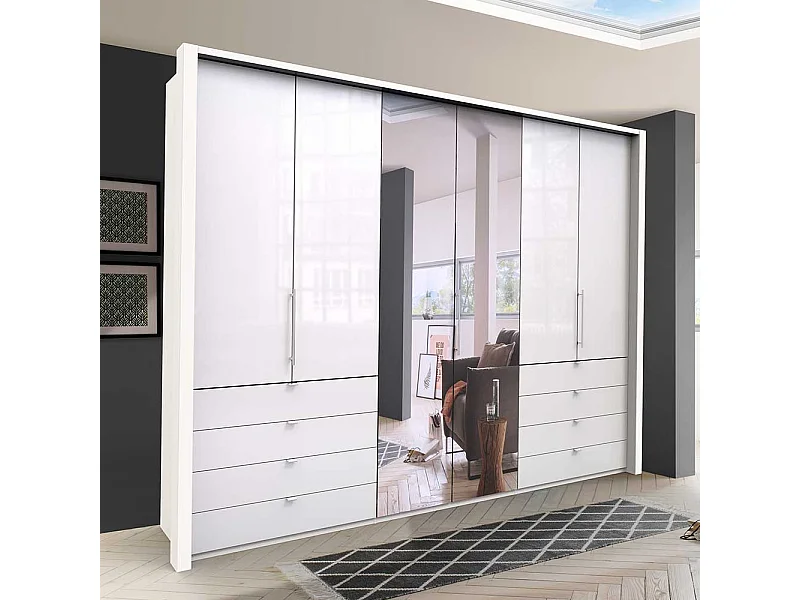 Weißer Falttürenschrank mit Spiegel acht Schubladen