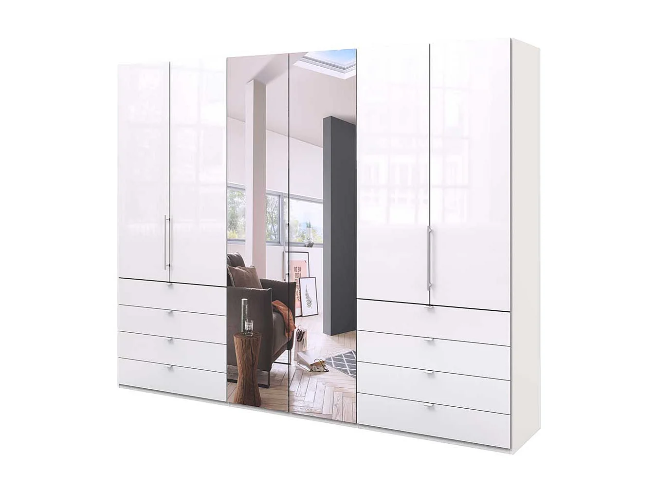 Weißer Falttürenschrank mit Spiegel acht Schubladen