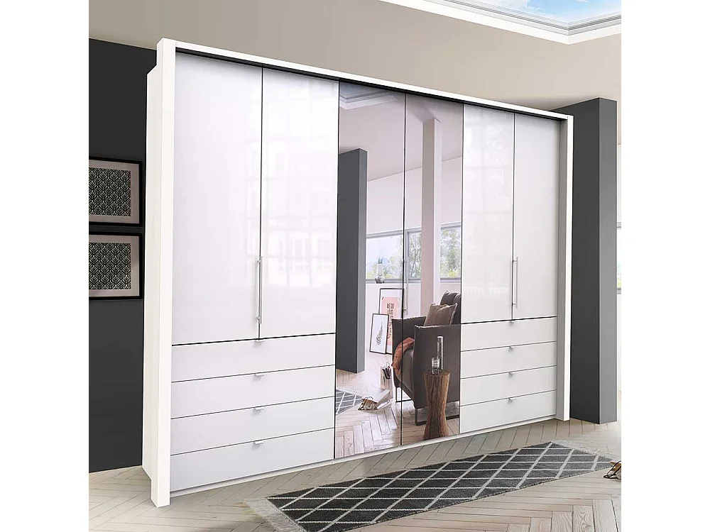 Weißer Falttürenschrank mit Spiegel acht Schubladen