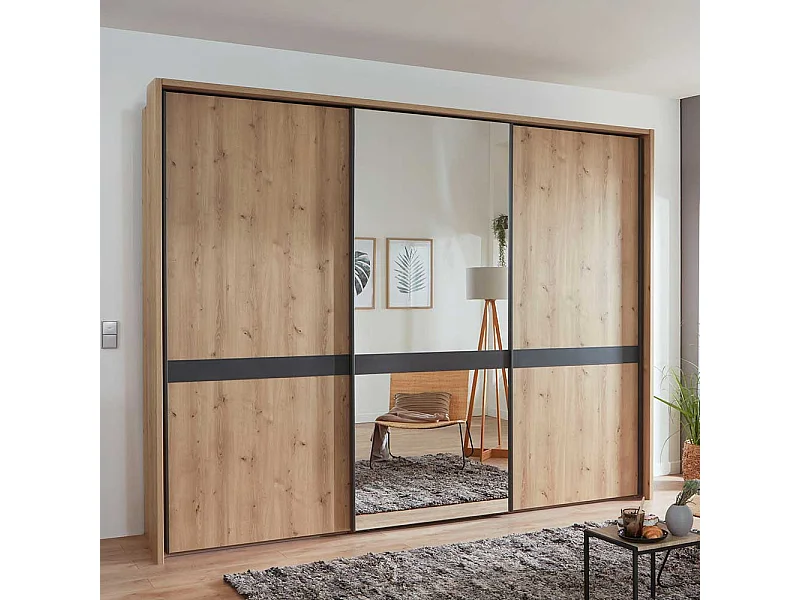 Schlafzimmerschrank in Eiche Bianco und Anthrazit Schwebetüren