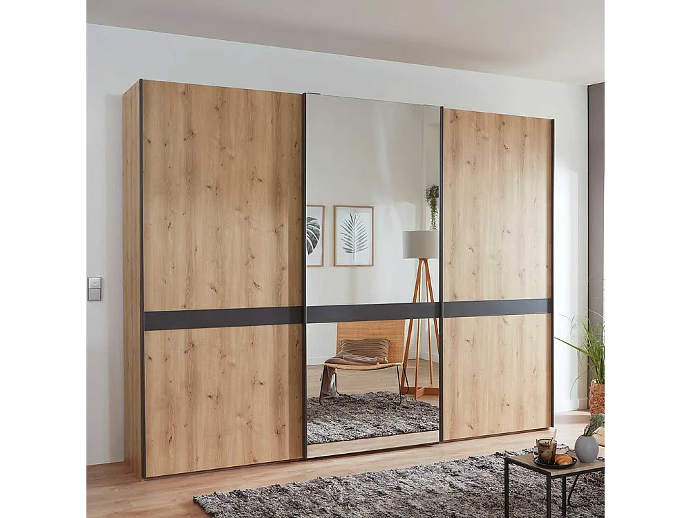 Schlafzimmerschrank in Eiche Bianco und Anthrazit Schwebetüren