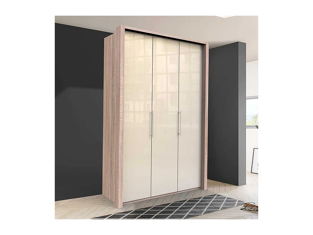 Jugend Kleiderschrank in Cremefarben und Eiche Sägerau glasbeschichtet