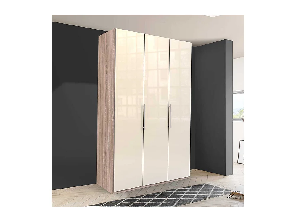 Jugend Kleiderschrank in Cremefarben und Eiche Sägerau glasbeschichtet