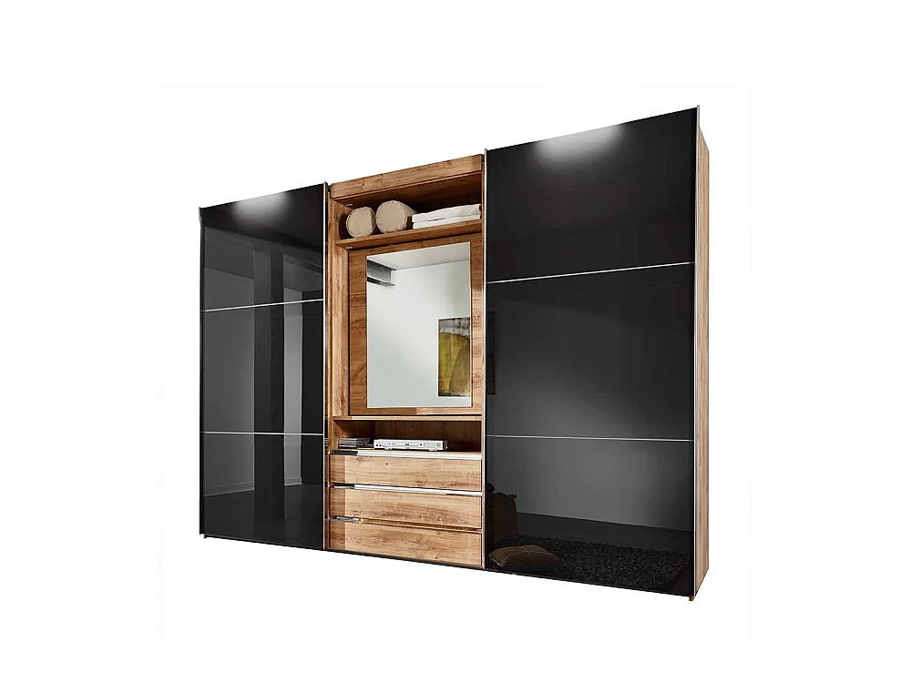 Kleiderschrank mit offenem Fach in Dunkelgrau Plankeneiche Holzoptik