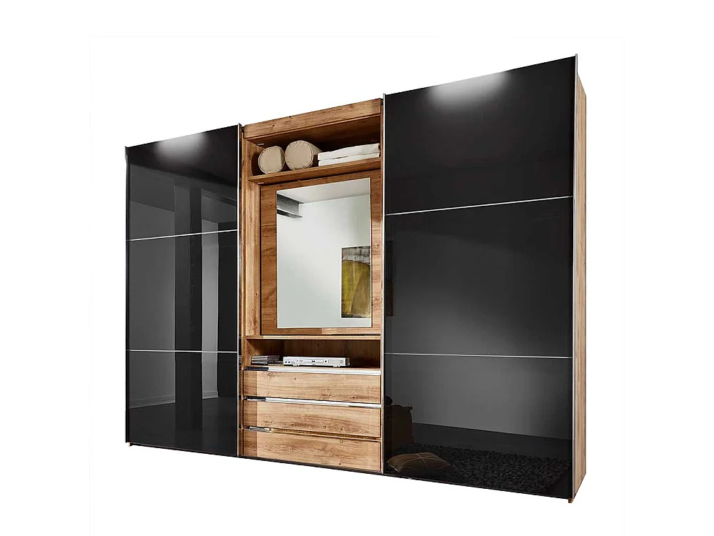 Kleiderschrank mit offenem Fach in Dunkelgrau Plankeneiche Holzoptik