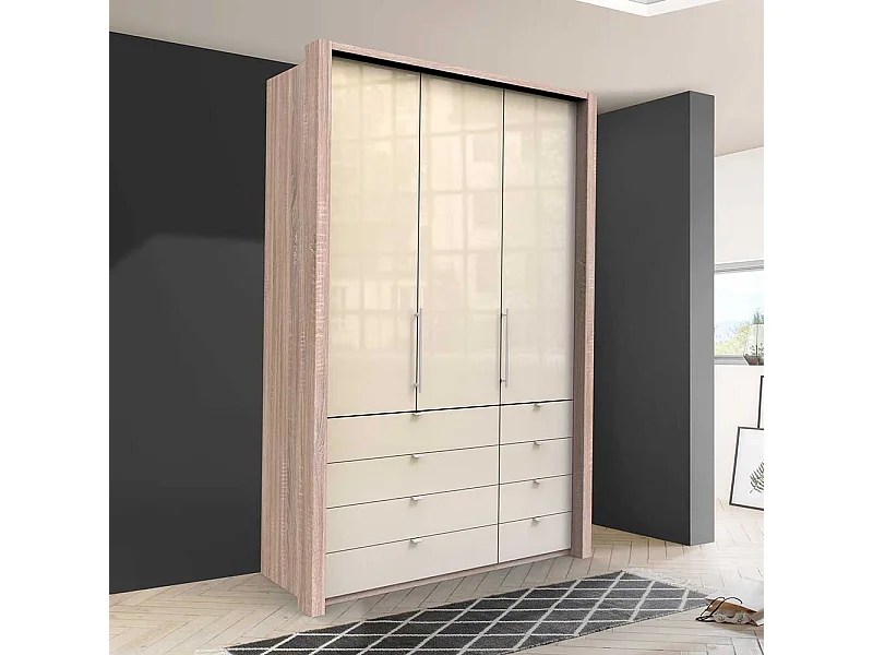 Kleiderschrank Jugendzimmer 2 türig mit 8 Schubladen Cremefarben Eiche Sägerau