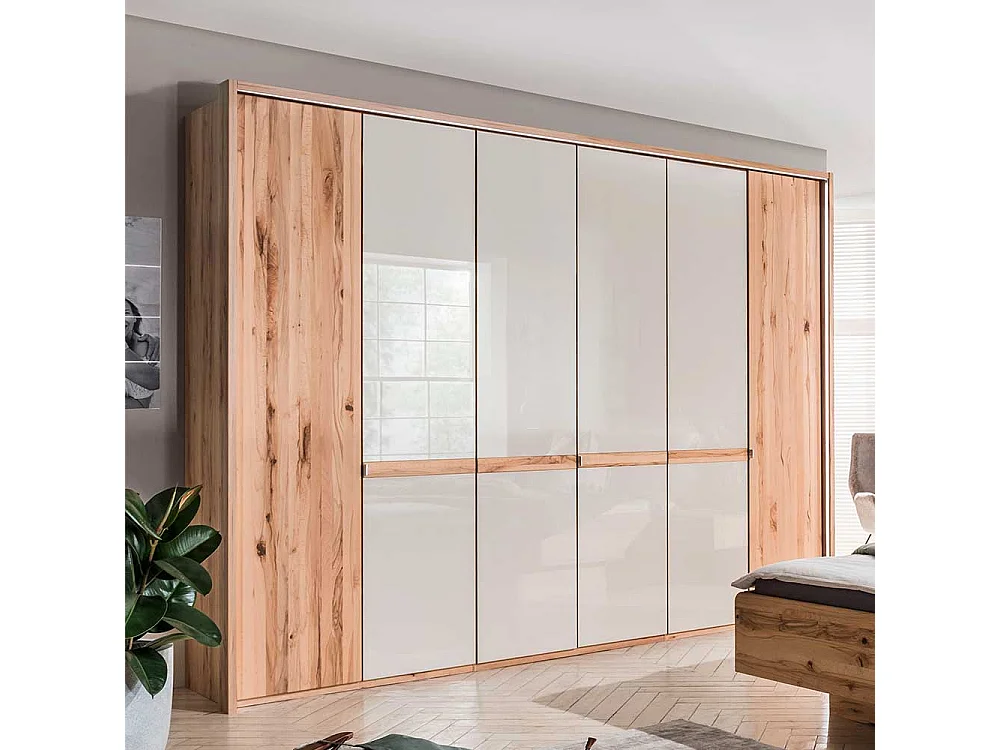 Design Kleiderschrank in Beige Glas beschichtet Astkernbuche