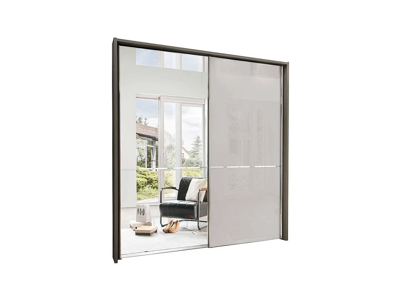 2 türiger Schwebetürenschrank in Hellgrau und Braun Spiegel