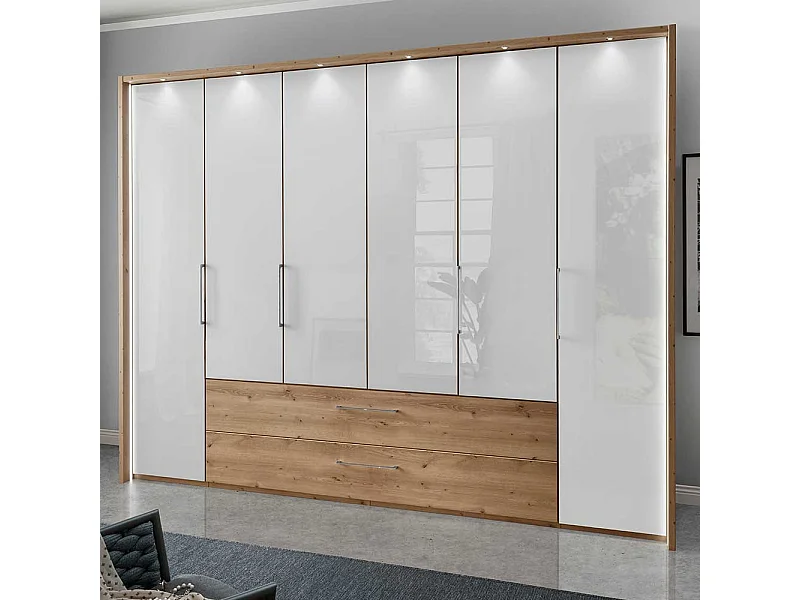 Glasfront Kleiderschrank in Weiß zwei Schubladen