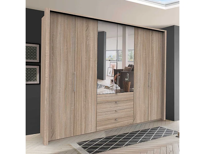 Großer Spiegel Kleiderschrank mit vier Schubladen und Spiegel Eiche Sägerau