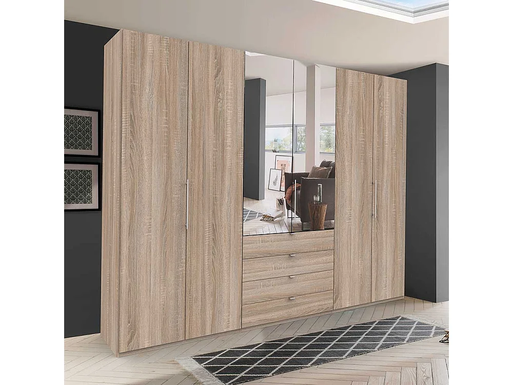 Großer Spiegel Kleiderschrank mit vier Schubladen und Spiegel Eiche Sägerau