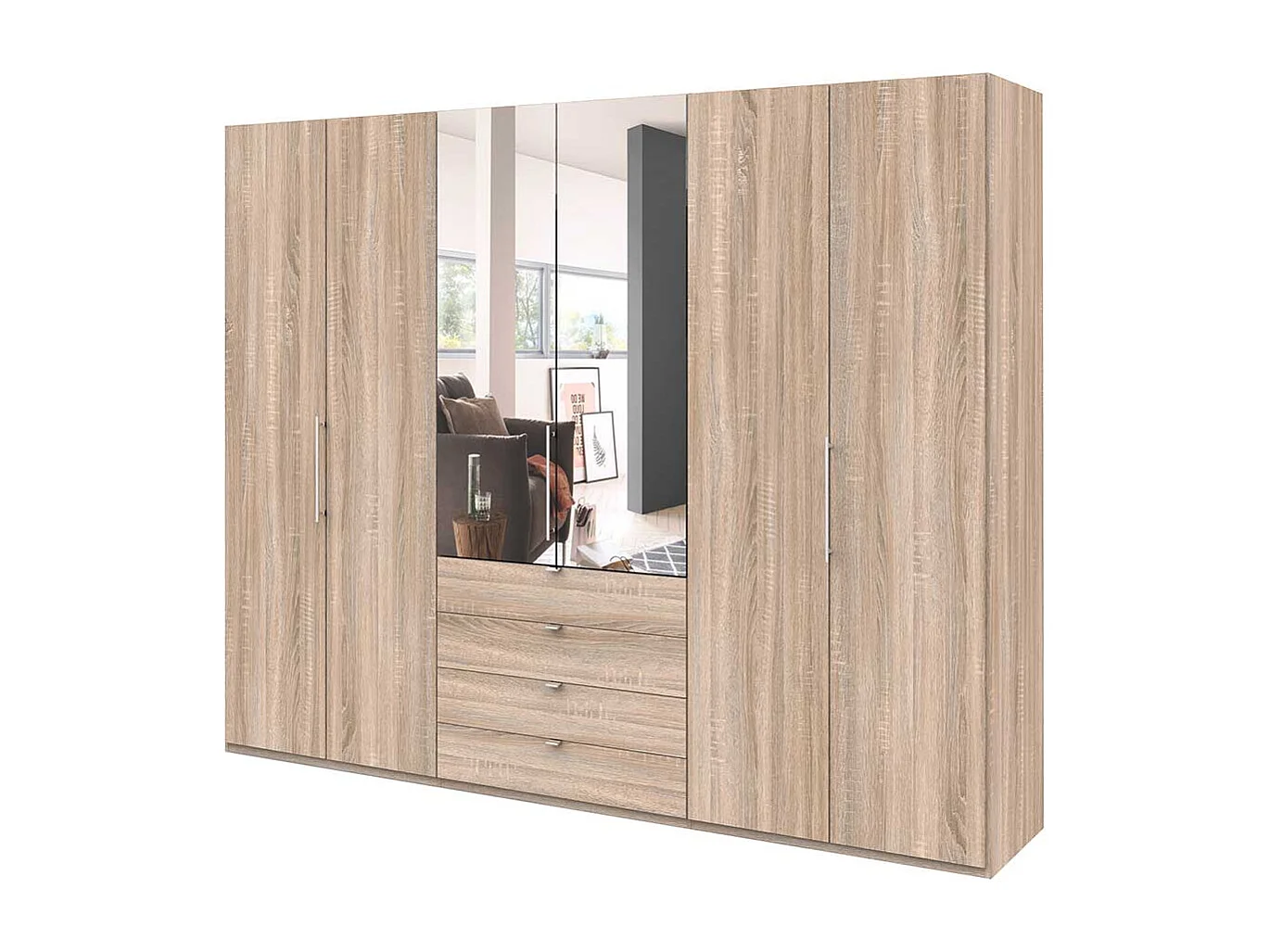 Großer Spiegel Kleiderschrank mit vier Schubladen und Spiegel Eiche Sägerau