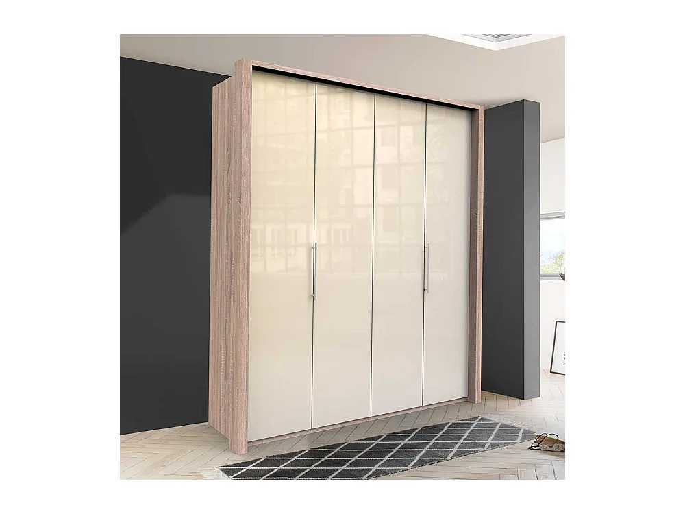 Glasbeschichteter Kleiderschrank mit Falttüren Cremefarben Eiche Sägerau