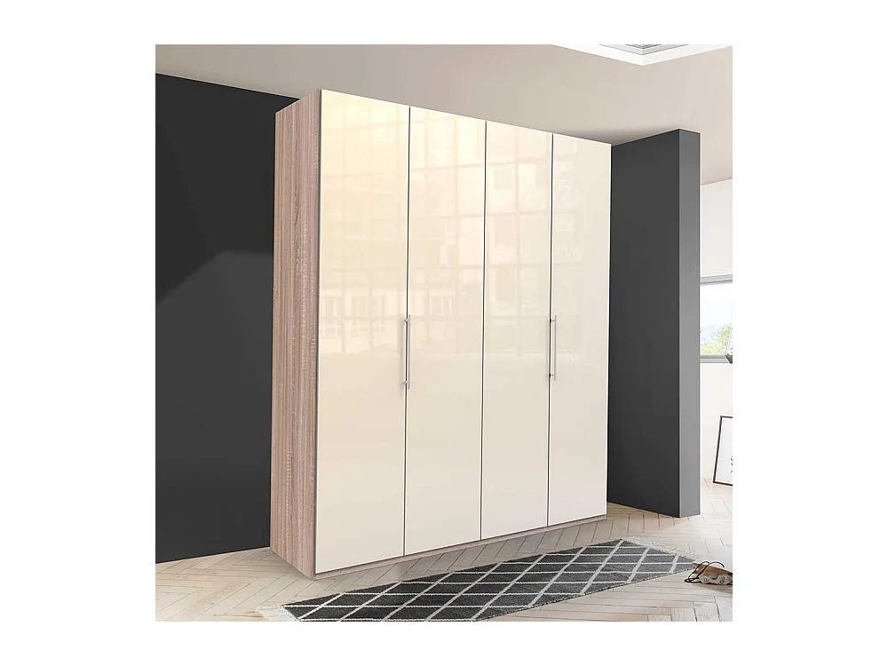 Glasbeschichteter Kleiderschrank mit Falttüren Cremefarben Eiche Sägerau