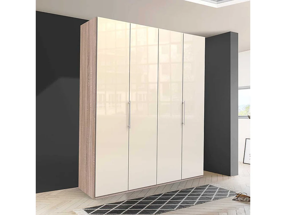 Glasbeschichteter Kleiderschrank mit Falttüren Cremefarben Eiche Sägerau