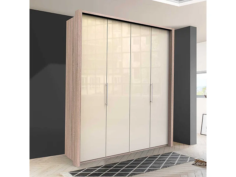 Glasbeschichteter Kleiderschrank mit Falttüren Cremefarben Eiche Sägerau