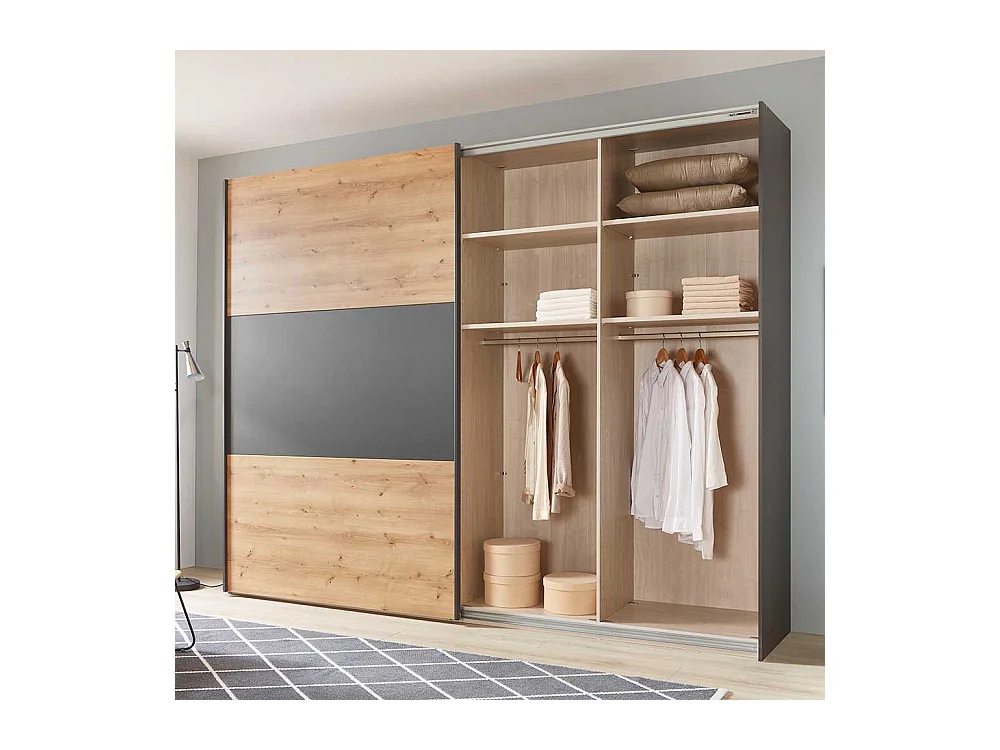Schwebetüren Kleiderschrank in Eiche Bianco und Anthrazit Made in Germany