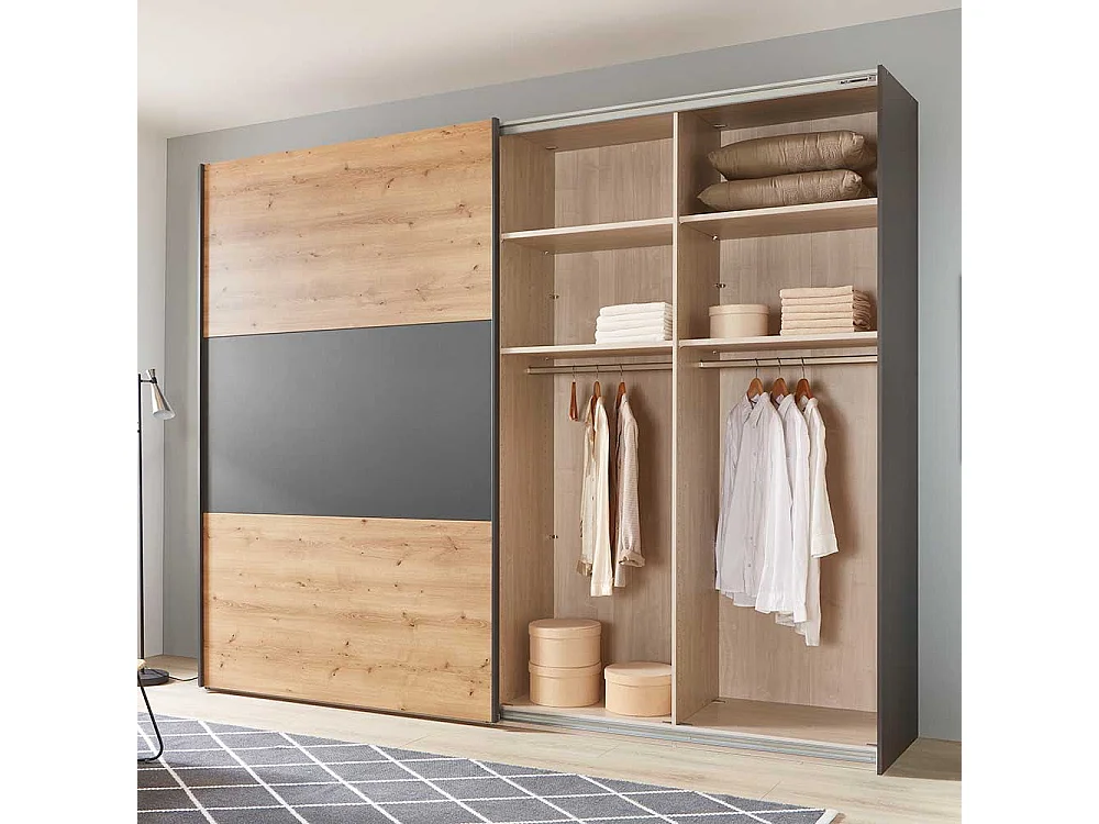 Schwebetüren Kleiderschrank in Eiche Bianco und Anthrazit Made in Germany