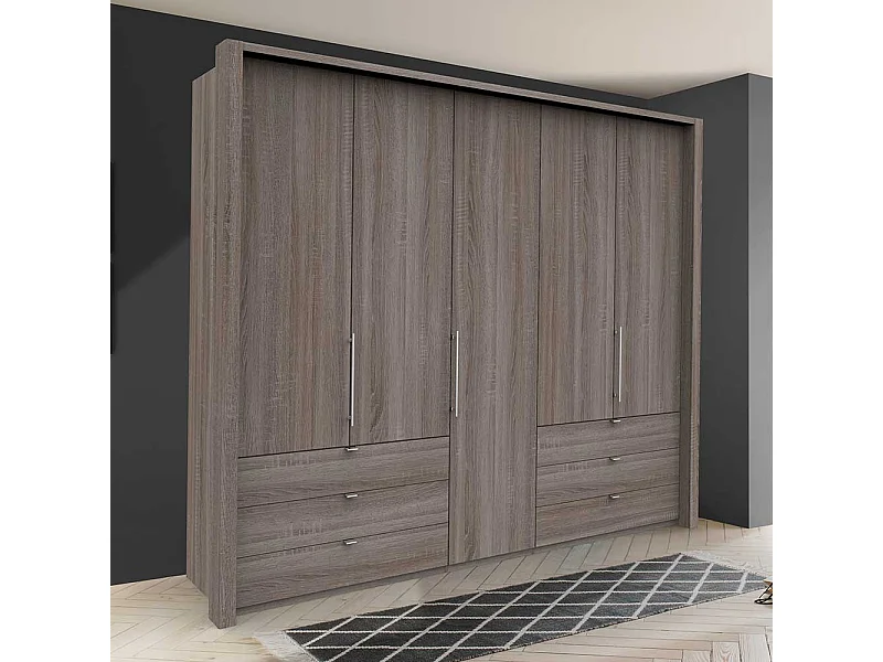 Premium Falttürenschrank in Eiche Trüffelfarben sechs Schubladen