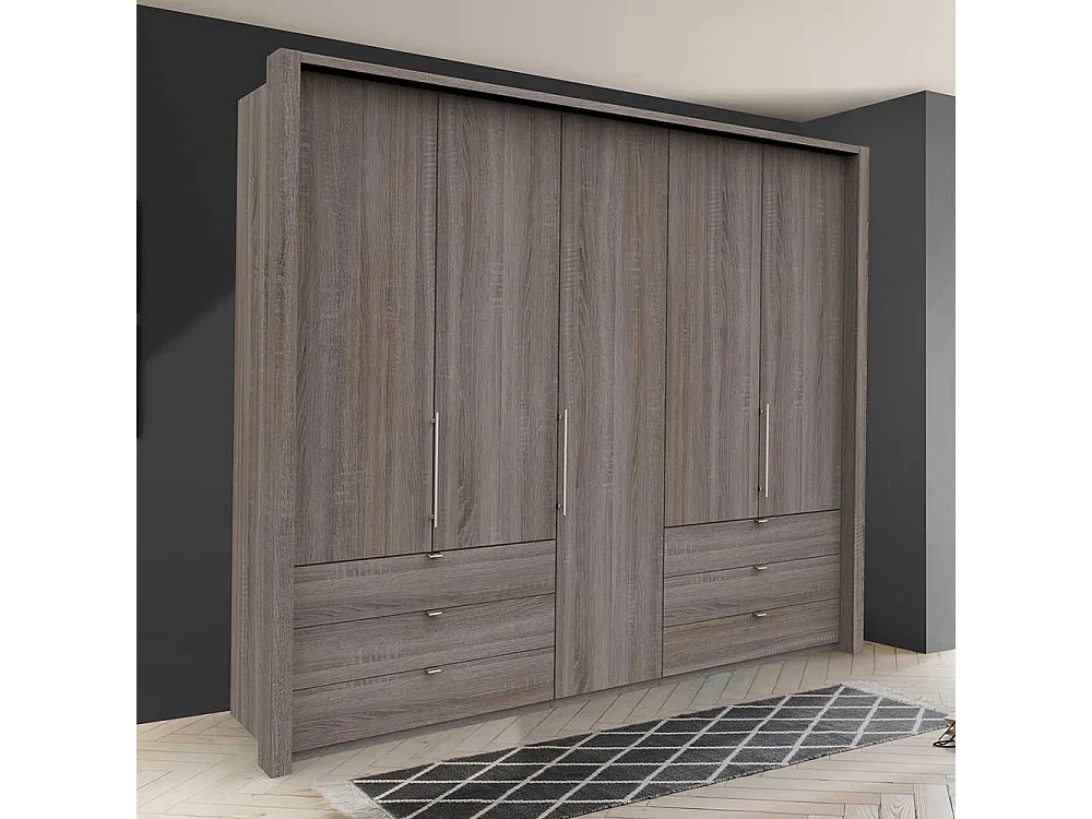 Premium Falttürenschrank in Eiche Trüffelfarben sechs Schubladen