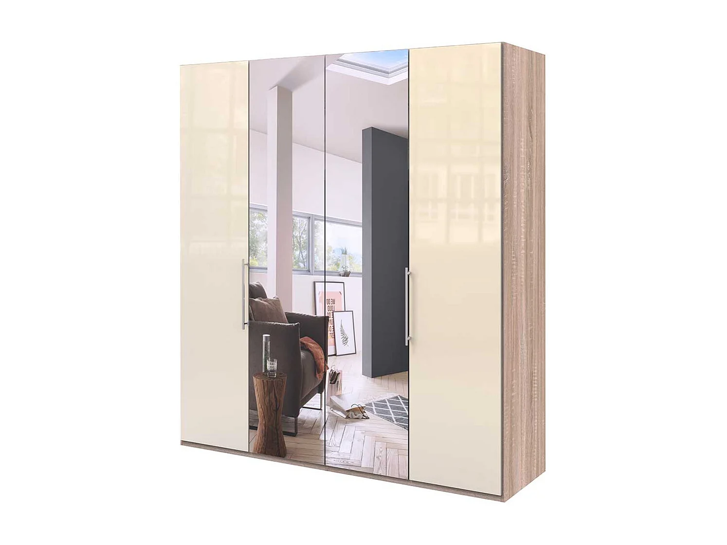 Spiegel Kleiderschrank mit zwei Falttüren Cremefarben Eiche Sägerau