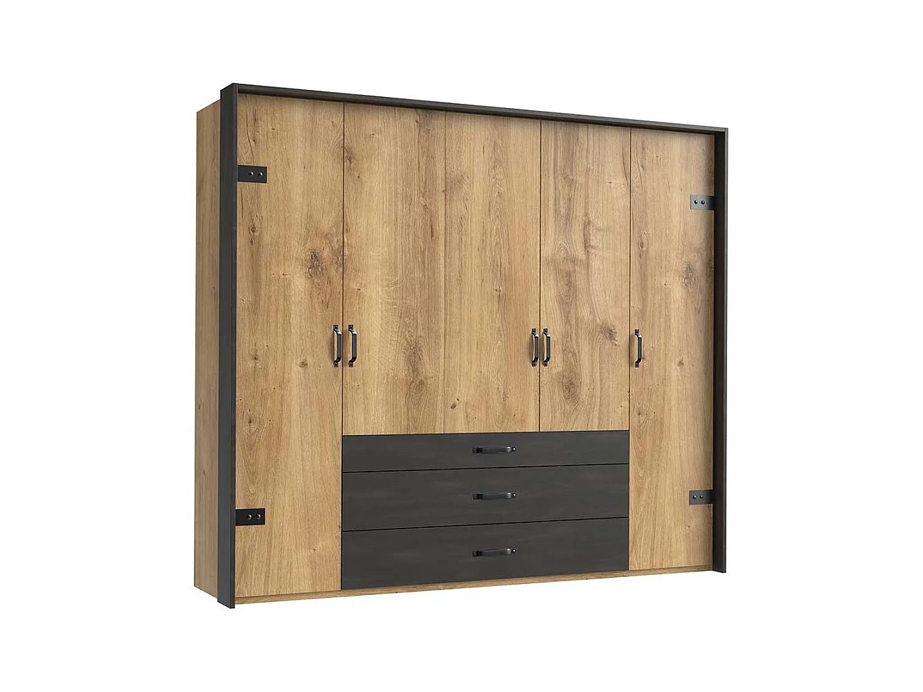 Moderner Drehtürenschrank mit drei Schubladen Metallgriffen