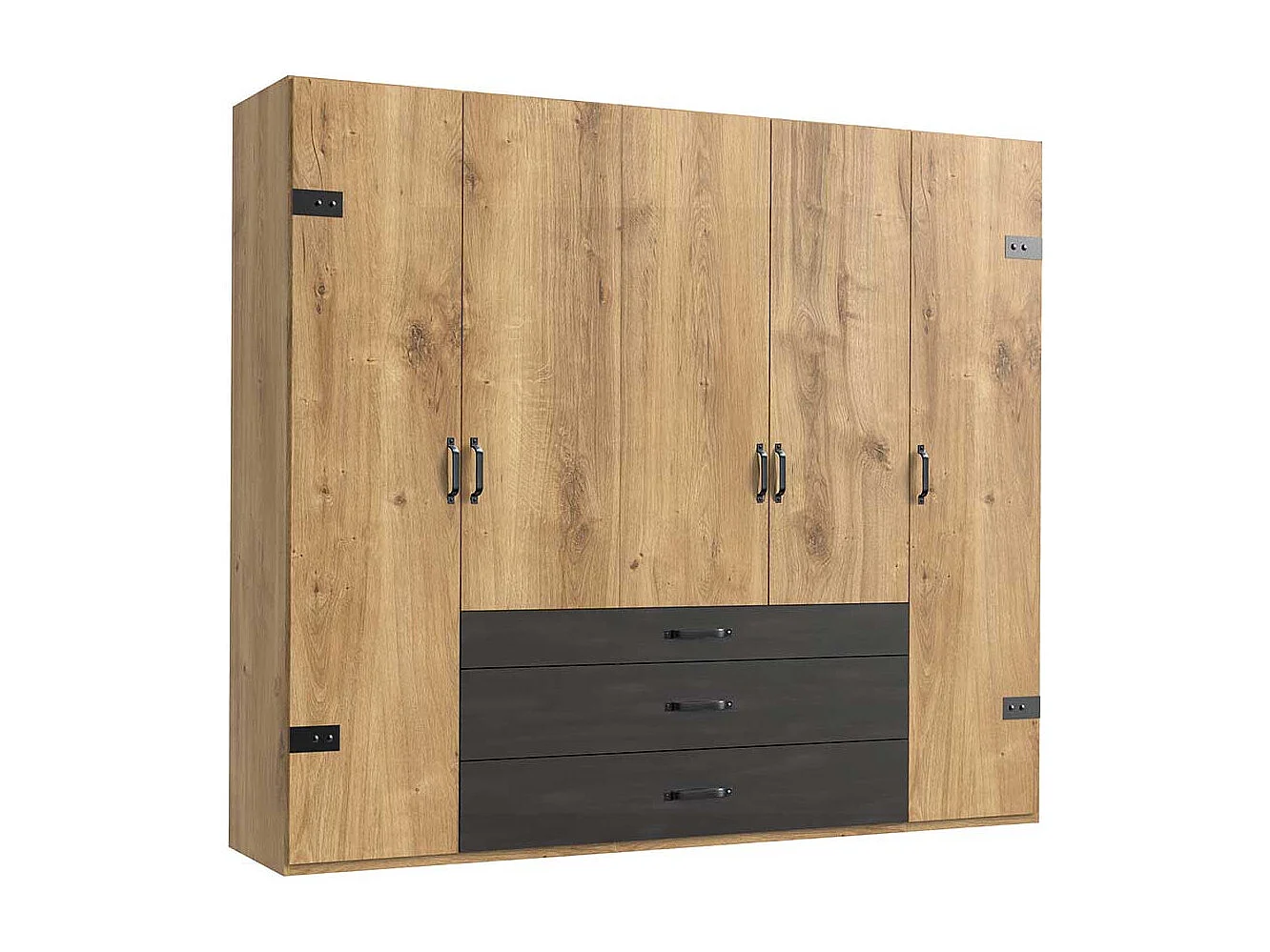 Moderner Drehtürenschrank mit drei Schubladen Metallgriffen