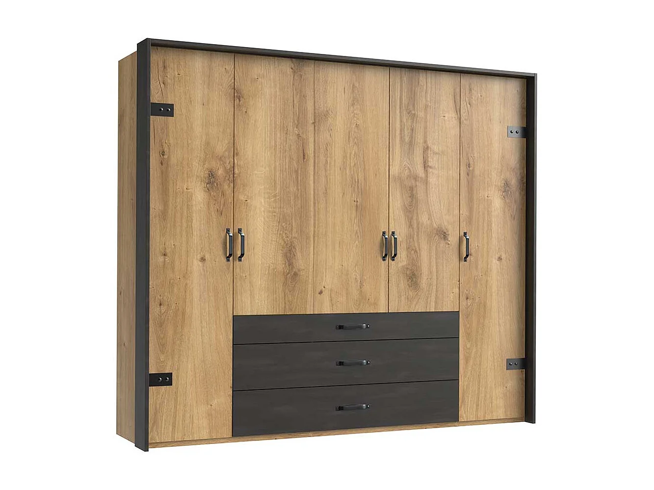 Moderner Drehtürenschrank mit drei Schubladen Metallgriffen