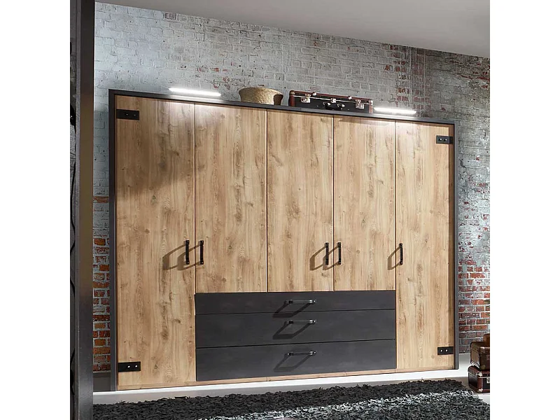 Moderner Drehtürenschrank mit drei Schubladen Metallgriffen