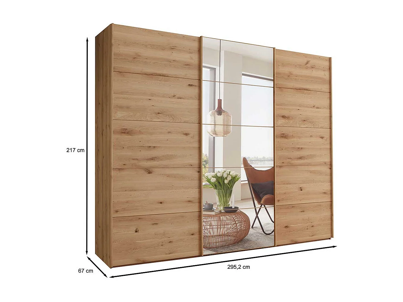 Gleittürenschrank in Eiche Bianco Spiegel