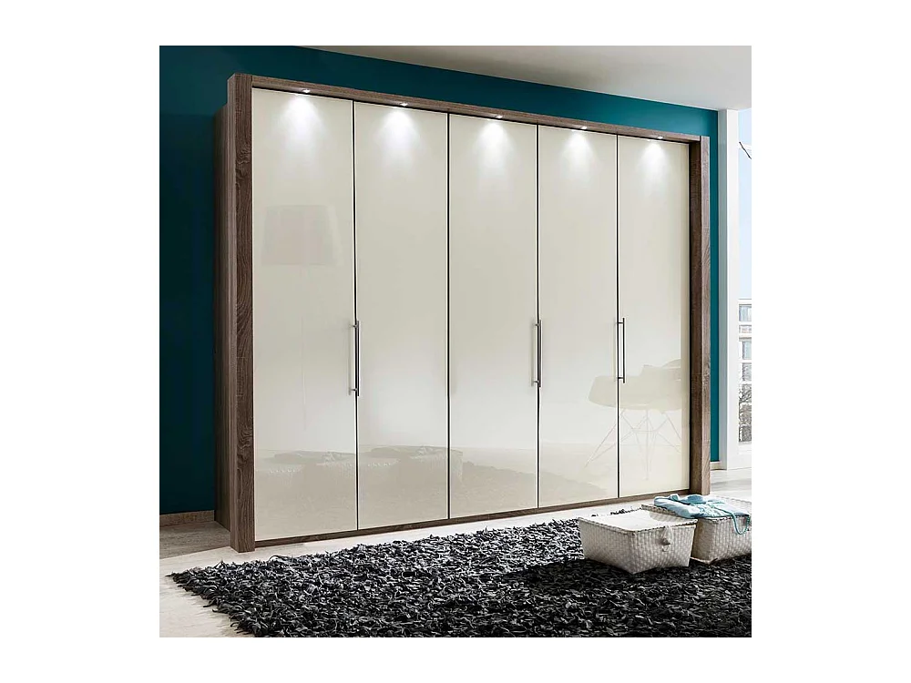 Falttürenschrank in Creme Weiß LED Beleuchtung
