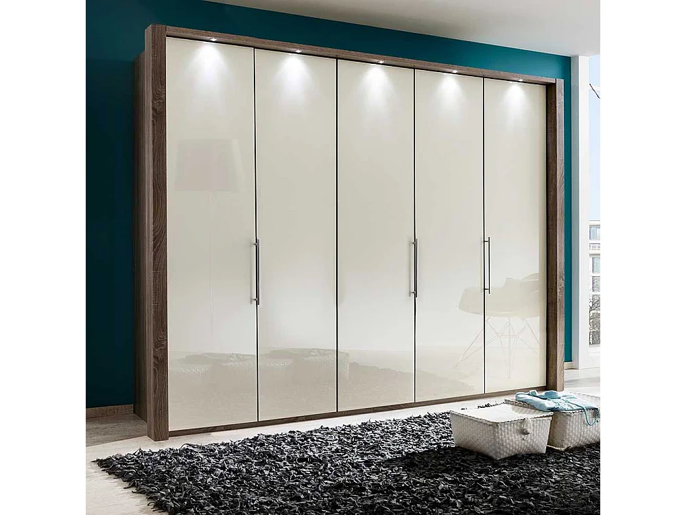 Falttürenschrank in Creme Weiß LED Beleuchtung
