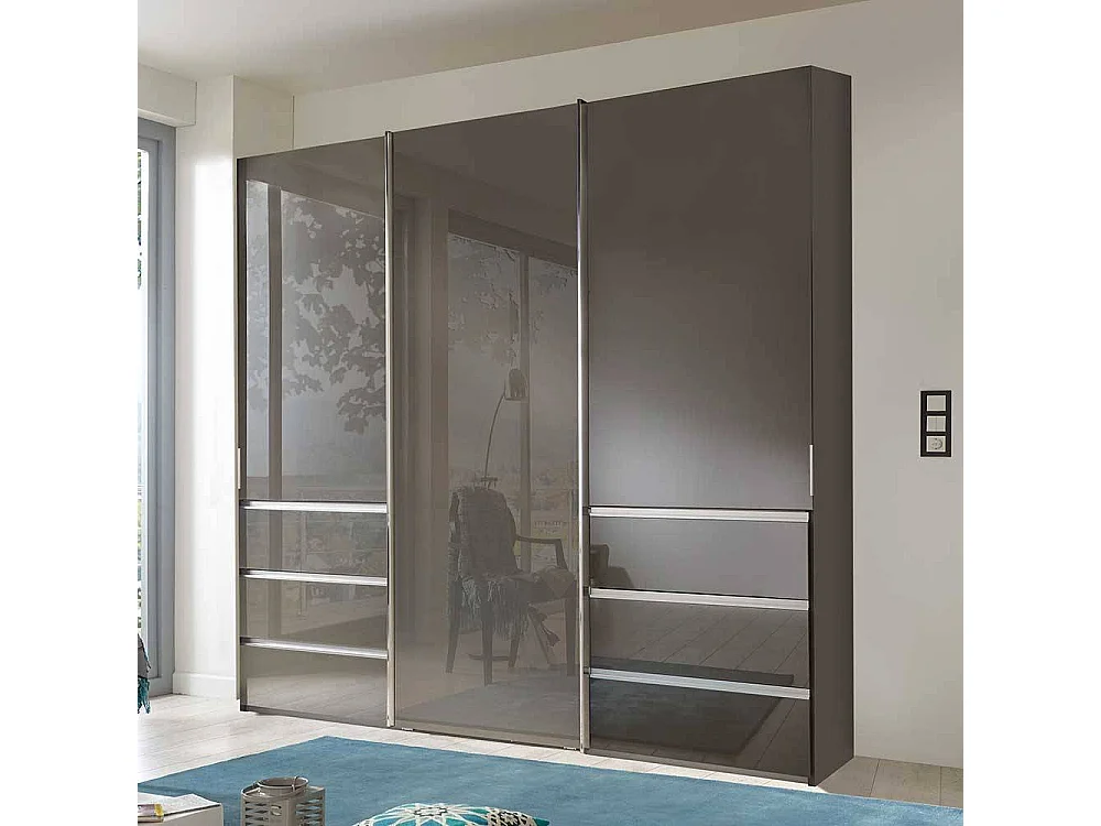 Schwebetürenkleiderschrank braun glasbeschichtet sechs Schubladen